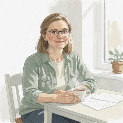 Portrait peint de Céline Marchand assise à une table près d'une fenêtre, une tasse à la main