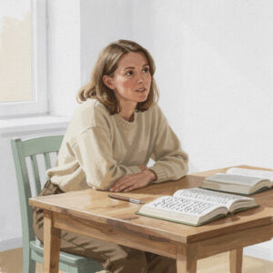 Portrait peint à la gouache de Doriane Vallet, assise à une table en bois devant deux livres ouverts et un carnet manuscrit
