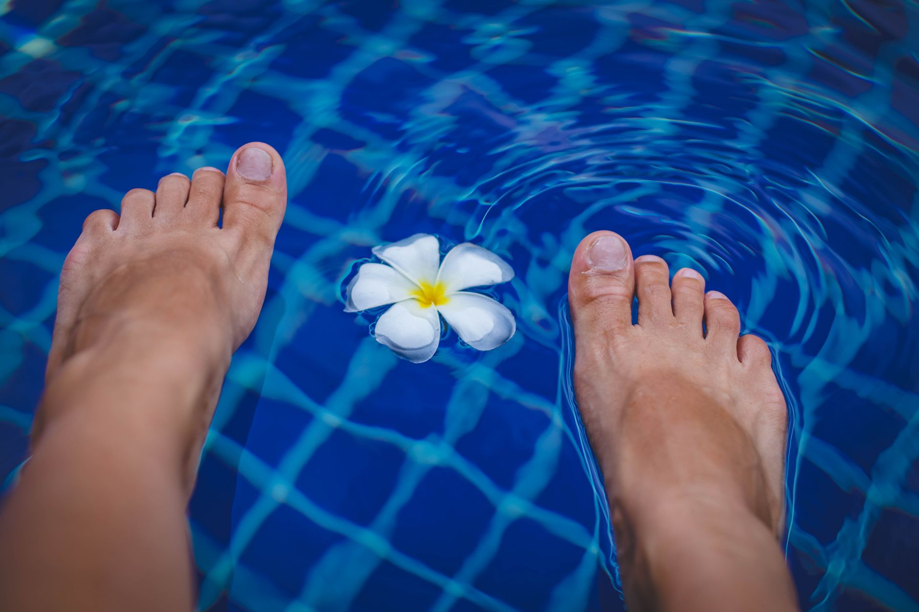 Deux pieds dans l'eau bleue d'un bain de pied, avec une fleur blanche qui flotte